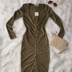 Olive Green Ribbed Button Front Bodycon Dress – Size Medium – Long Sleeve